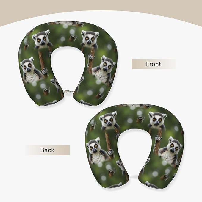 Comfortable Memory Foam Neck Pillow Lemur, Travel U Shaped Airplane/Car/Flight Pillows with Removable Zipper Cover, Chin Head Neck Support Cushion