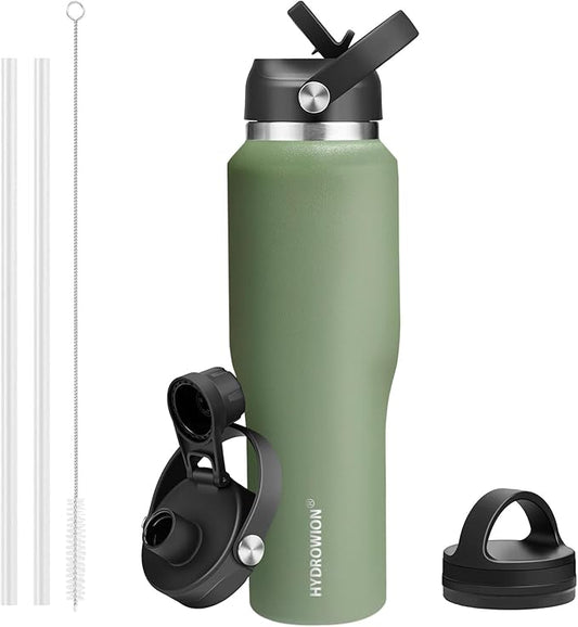 HYDROWION Water Bottle Stainless Steel,Vacuum Insulated Leak Proof Tumbler 32oz with Straw Lid, Spout Lid and Flex Cap(Cold for 48 Hrs, Hot for 24 Hrs), Fit in Any Car Cup Holder, Moss