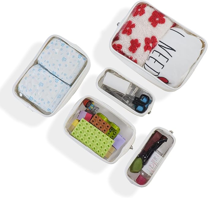 TSA Approved 5-Piece Diaper Bag Organizer Pouch Set Clear Waterproof TPU Kids Toiletry Storage Set Travel Packing Clutch Cube Bags for Baby Nursing