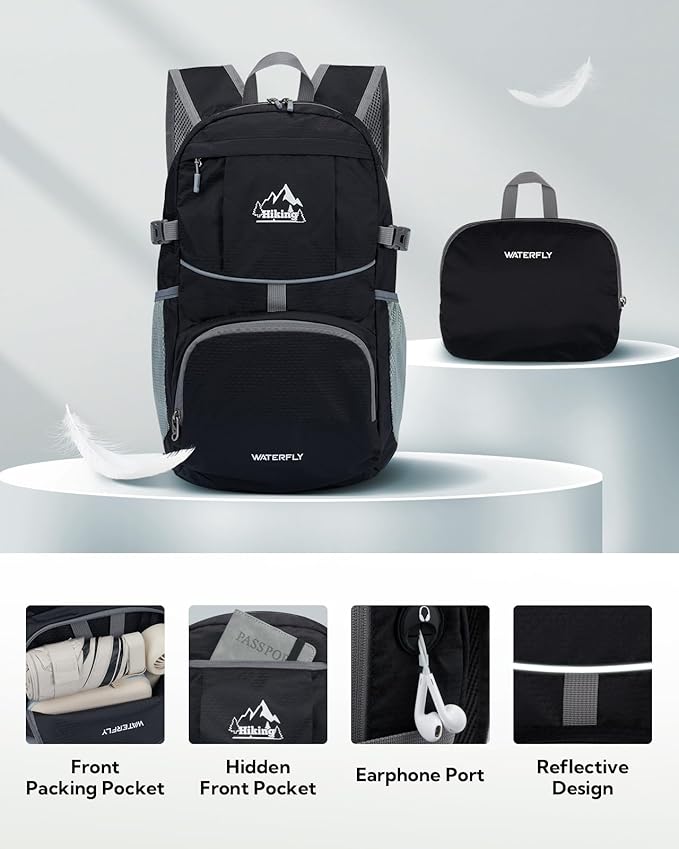 WATERFLY Hiking Packable Daypack Backpack: 25L Ultra Lightweight Day Pack for Woman Man - Small Compact Folding Back Pack for Outdoor Sport Cycling Camping Travel Trip - Black