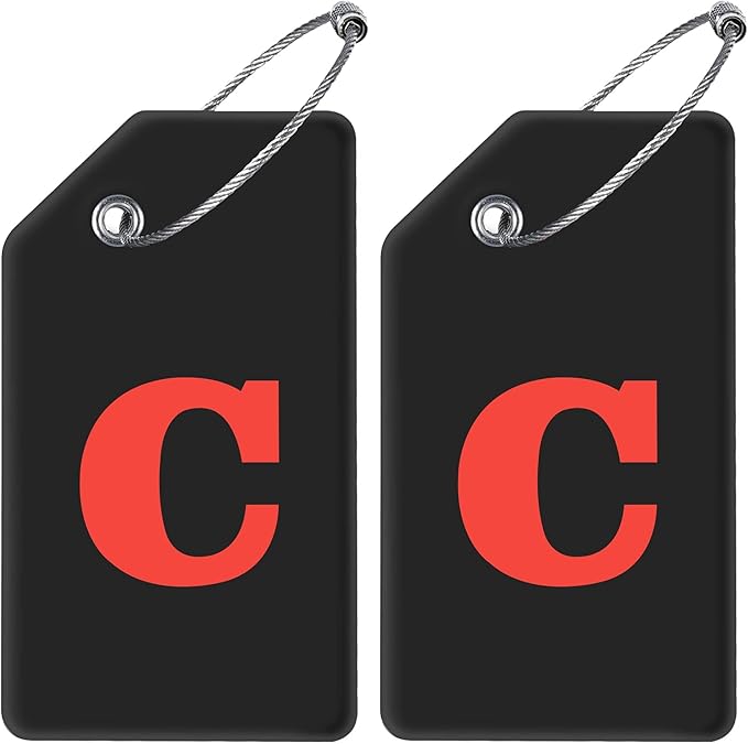 Gostwo 2 Pack Silicone Luggage Tags for Suitcases, 26 Initial Letter Baggage Labels Handbag School Bag Suitcase Instrument Tag with Stainless Steel Loop(Black & White) (Letter C)