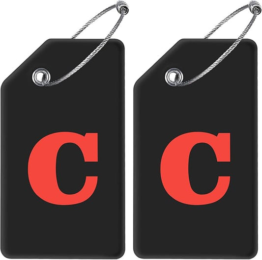 Gostwo 2 Pack Silicone Luggage Tags for Suitcases, 26 Initial Letter Baggage Labels Handbag School Bag Suitcase Instrument Tag with Stainless Steel Loop(Black & White) (Letter C)