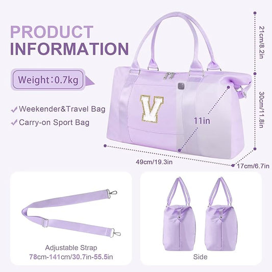 Dance Gym Duffel Bag for Teen Girls, Personalized Initial Travel Weekender Bag,Cute Overnight Carry On Duffle for Women,Sports Travel Cheer Bag,Monogram Christmas Gifts for Tween Preppy(purple-V)