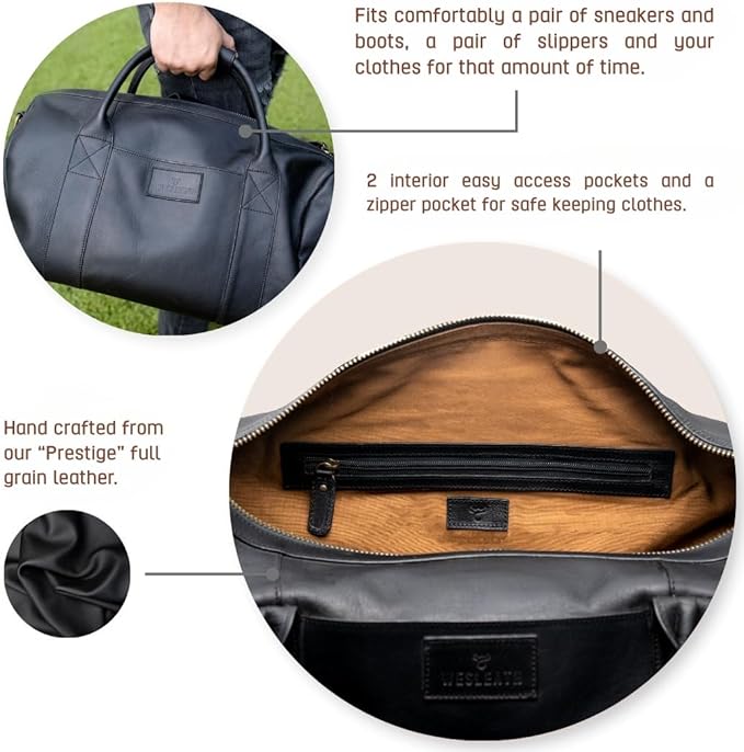 Full Grain Leather Duffle Bag – 40L Travel, Gym & Carry-On Weekender for Men | Handcrafted Overnight Bag with Brass Hardware, Black Style