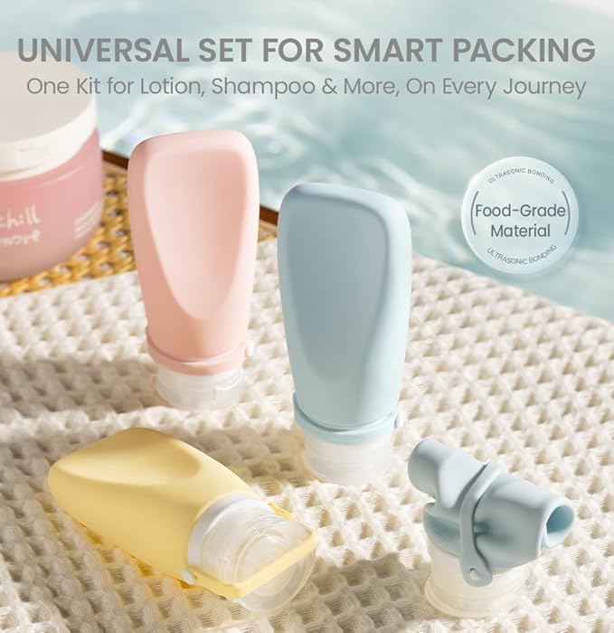 Travel Bottles for Toiletries, TSA Approved 3oz Container, High-Effeiciency Leak-Proof Ultrasonic Technology, Silicone Refillable Squeezable Travel Accessories for Shampoo Conditioner Lotion (4 Pcs)