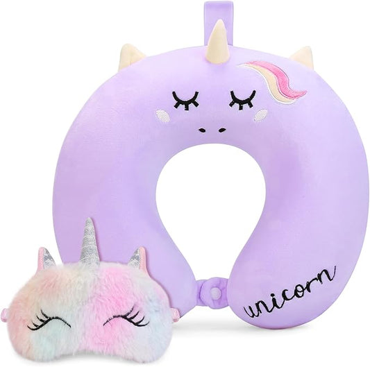 Kids Neck Pillow for Traveling, Unicorn Kids Travel Pillow with Eye Mask, Toddler Travel Essentials for Road Trip Airplane Flight Car Seat, Cute Cartoon Headrest Memory Foam Pillows Gift for Girl Boy