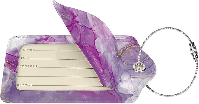 2 Pack Abstract Purple Luggage Tag for Suitcases Women, Art Painting Violet and Gold Marble PU Leather Airport Travel Bag Tags for Cruise Ships, Baggage Name Tags with with Full Back Privacy Cover