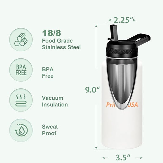 Personalized Custom Print in USA Water Bottle 32oz Stainless Steel Double Wall Coffee Cup with Lid & Straw Insulated Tumbler with Colorful Text Logo Photo