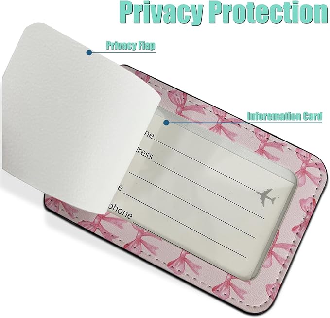 2 PCs Preppy Bow Luggage Tag, Suitcase Tags with Privacy Flap and Metal Loop, Coquette Luggage Tags for Suitcases, Identifiers Travel Essentials Bag Tag, Preppy Gifts for Women Girls Friends