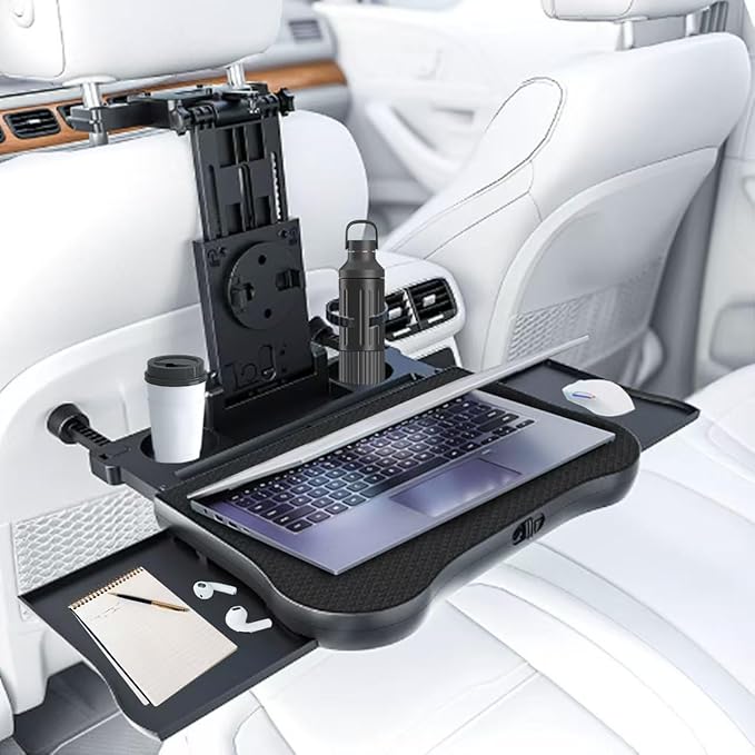Portable Car Seat Tray Table, Car Backseat Table, Adjustable Seat Back Laptop Desk Foldable Telescopic Auto Backseat Food Trays Desk with Phone Drink Holder for Working Writing Traveling