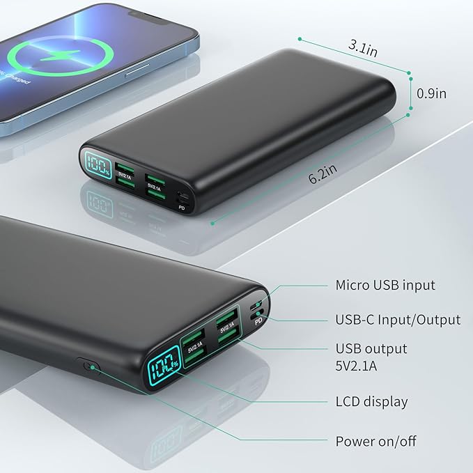 Portable Charger 38800mAh,LCD Display Power Bank,5 USB Outputs Battery Pack Backup, USB-C 3A in&out Travel Essential Portable Phone Charger For iPhone 17/16/15/14/13 Pro/12,Android Samsung Galaxy etc
