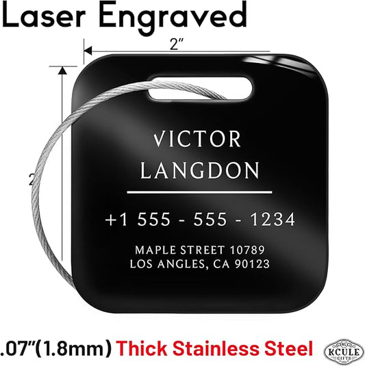 Stainless Luggage Tags for Suitcases 4 Pack: Metal Personalized Luggage Tags for Backpacks & Bags with Customizable Texts (Black)