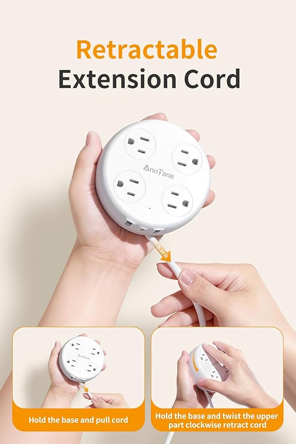 European Travel Plug Adapter - Retractable Power Strip with 4 AC Outlets & 3 USB Ports (USB-C), Type C Adapter for US to Most of Europe Iceland Spain Italy France Germany and More (White)