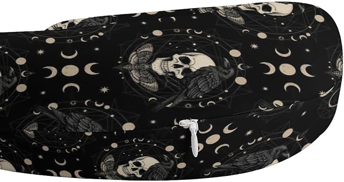 Breathable Travel Pillow Black Raven Moon Skull Art Memory Foam Chin Support, Removable Washable Cover for Airplane Car Office Sleeping