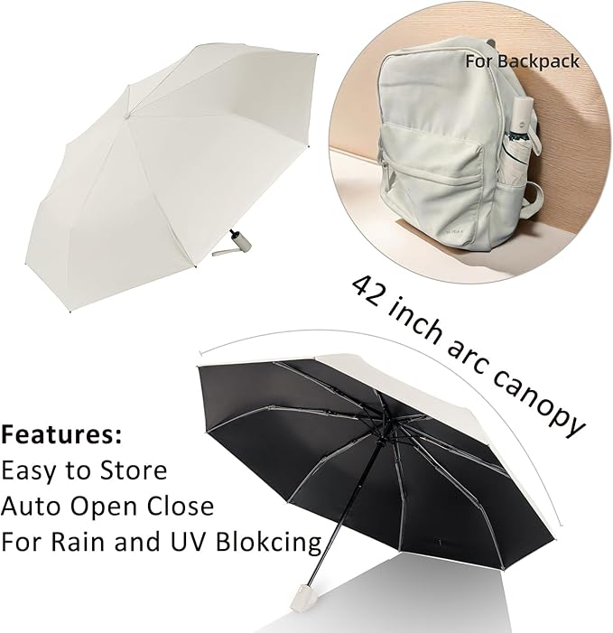 BAODINI Small UV Protection Travel Umbrella Compact for Rain and Sun UPF 50+ Windproof Portable 42 inch Umbrella for Women and Men