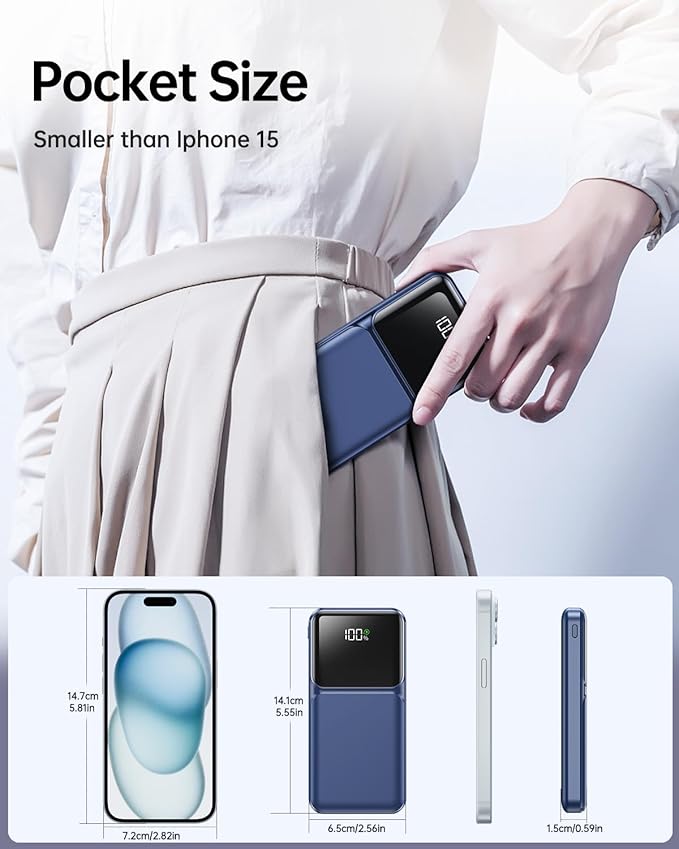 Portable Charger with Built in Cable - Power Bank Fast Charging USB C LED Display 10000mah Battery Pack 5 Outputs & 3 Inputs for Travel Essentials iPhone Samsung Android Phones Tablets Blue