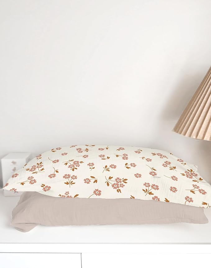 Toddler Pillowcases for 13"x18" Pillow 2 Pack, Muslin Small Toddler Baby Kids Travel Pillow Covers for Boys Girls with Envelope Closure (Flower E & Pink, 13 x 18 Inch)