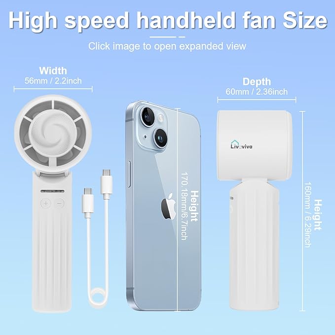 LIVAVIVA Handheld fan, adjustable blowing angle, mini portable turbo fan, USB Type-C rechargeable, infinitely variable speed high-speed personal fan, 11 Hours Battery Life (White)