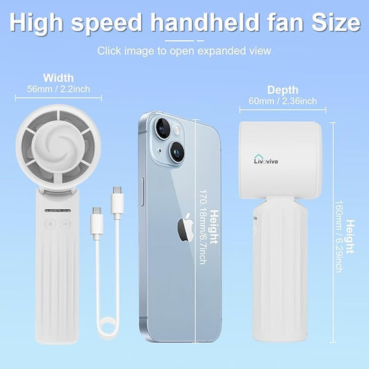 LIVAVIVA Handheld fan, adjustable blowing angle, mini portable turbo fan, USB Type-C rechargeable, infinitely variable speed high-speed personal fan, 11 Hours Battery Life (White)
