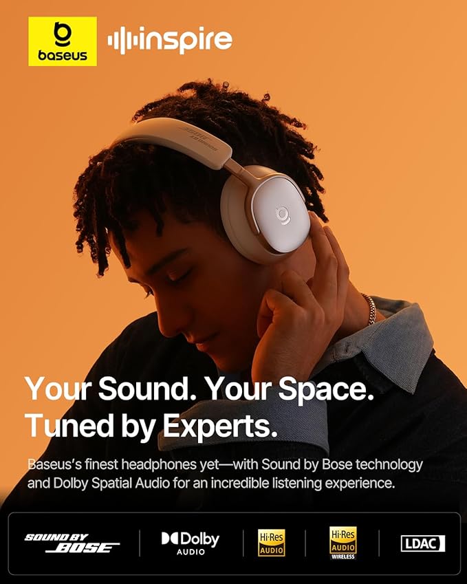 Baseus Inspire XH1 Adaptive Active Noise Cancelling Headphones, Sound by Bose, Dolby Audio, Premium Real-Time Adaptive ANC, Adaptive Rich Sound, Hi-Res Audio, 100H Playtime - Starlight Off-White