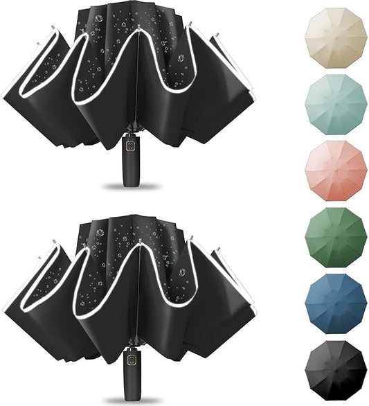 Large Windproof Travel Umbrella, Portable Reverse Folding Car Umbrella, Compact Inverted Design with Waterproof Canopy, Automatic, 10 Durable Ribs, 45.6/13 Inch, Fits Backpack