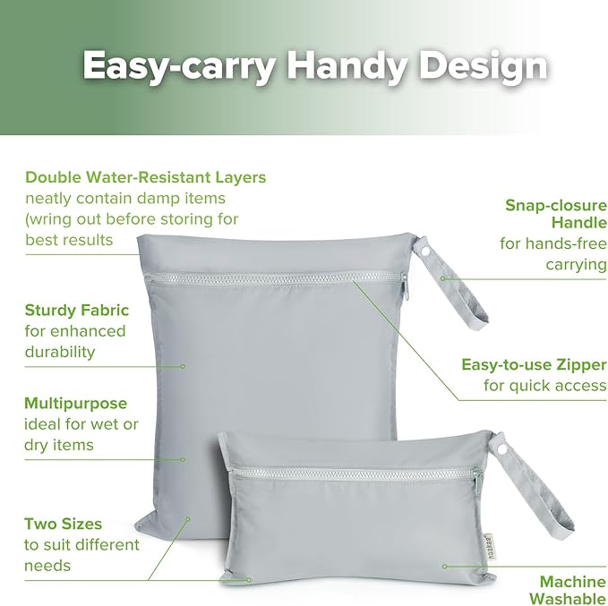 haakaa Waterproof Wet Bags for Baby Wet Dry Bags for Cloth Diaper, Swimsuit & Travel, 2pcs, Grey