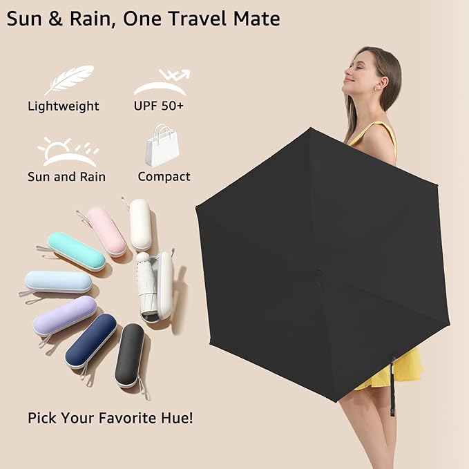 BAODINI Travel Essentials Mini Umbrella for Purse With Case Small Compact UV Sun Protection Lightweight Tiny Pocket Manual Open Close Umbrella for Women Kids and Men Fit Purse Backpack