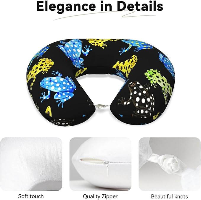 Travel Neck Pillows for Sleeping Rest Car Airplanes Tropical Frogs Black, Memory Foam with Removable Breathable Zipper Cover Washable for Men Women