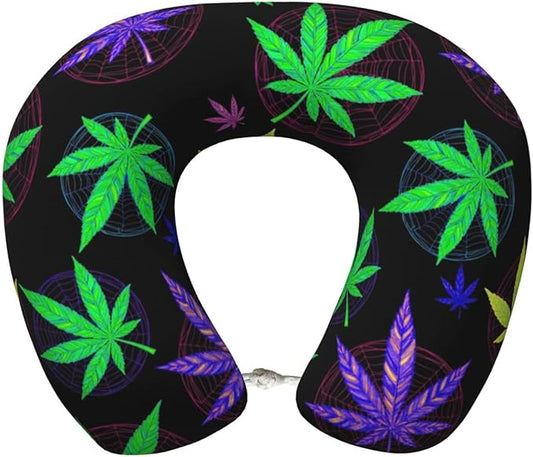 Comfortable Travel Pillow for Pain Relief Sleeping, Memory Foam Airplane Car Neck Pain Pillows Trippy Weedleaf Leaves Purple Black, Funny Chin Head Support Cushion
