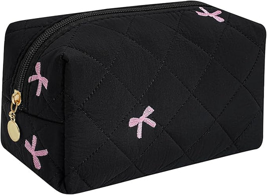 Makeup Bag Travel Cosmetic Bag for Women Girls, Zipper Make Up Pouch, Floral Flowers Toiletry Organizer Makeup, Portable Storage Cosmetic Travel Cloth Bag (Black)