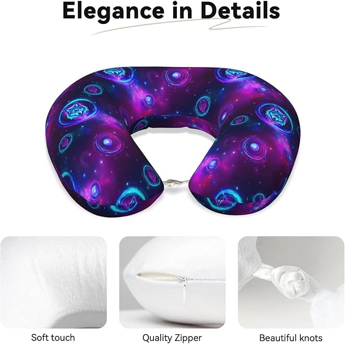 Funny Neck Pillow Support for Car Flight Rest Purple Blue Galaxy Starry Sky Wolf, Memory Foam U Shaped Decor Head Cushion for Home Outdoors Travel