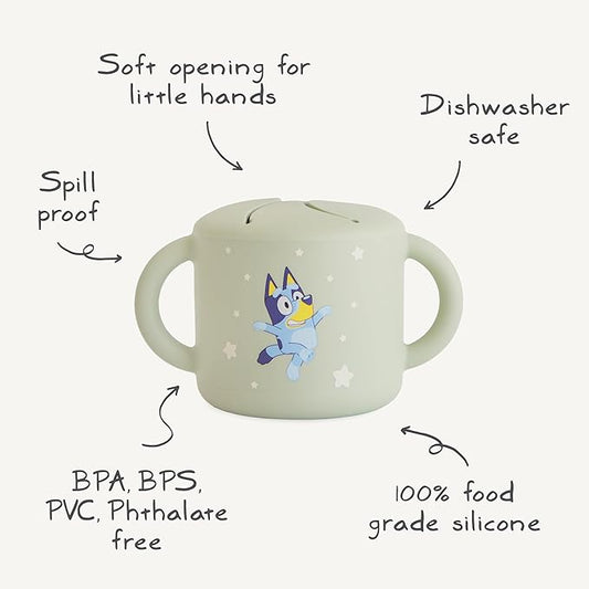 mushie x Bluey Silicone Snack Cup | Spill Proof Food Container for Toddler and Baby (Bluey Sage)