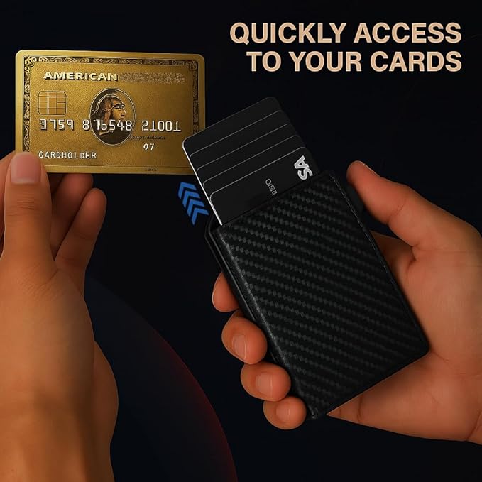 Smart Bifold Airtag Wallet for Men – RFID Blocking Pop-Up Bifold Credit Card Holder with ID Window, Slim Aluminum Case Fits 12+ Cards, Coffee Brown, Comes in a Gift Box (Carbon-Fiber Black)