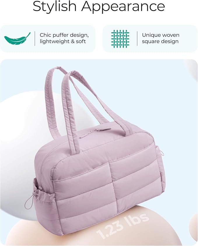 BAGSMART Gym Bag for Women, Lightweight Puffer Duffle Bag 2-PC Travel Bag, 31L Weekender Overnight Bag Quilted Carry On Tote Bag, Diaper Hospital Dance bag for Travel, Gym, Water Resistant