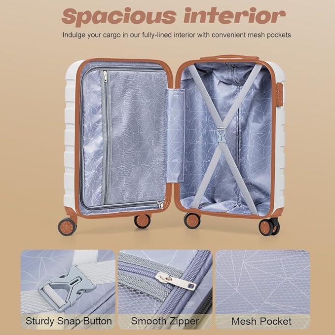 AnyZip Luggage Set 20 Inch Carry on Luggage PC ABS Hardshell Lightweight Suitcases for Travelling with 4 Universal Wheels TSA Lock White Brown