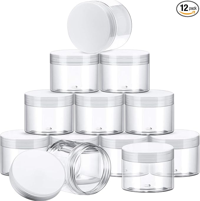 SATINIOR 12 Pack 6 oz Plastic Container Jars with Lids Round Clear Travel Cosmetic Container Slime Jars for Toiletries, Lotion, Cream, Ointments, Makeup, Rhinestone, Samples, Kitchen Storage(Clear)