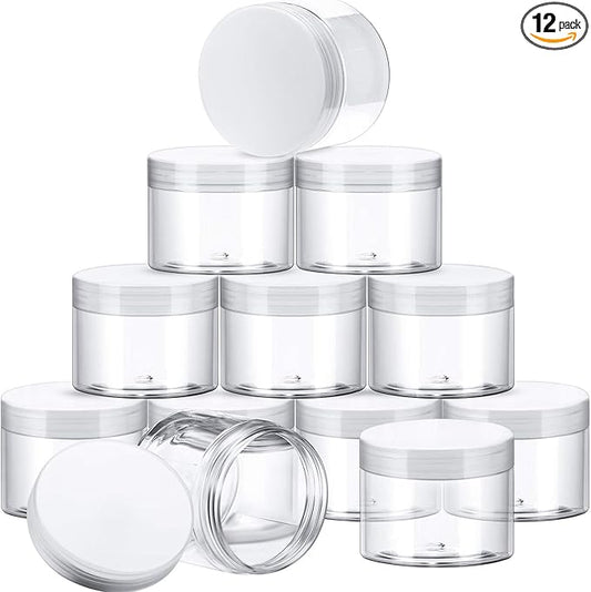 SATINIOR 12 Pack 6 oz Plastic Container Jars with Lids Round Clear Travel Cosmetic Container Slime Jars for Toiletries, Lotion, Cream, Ointments, Makeup, Rhinestone, Samples, Kitchen Storage(Clear)