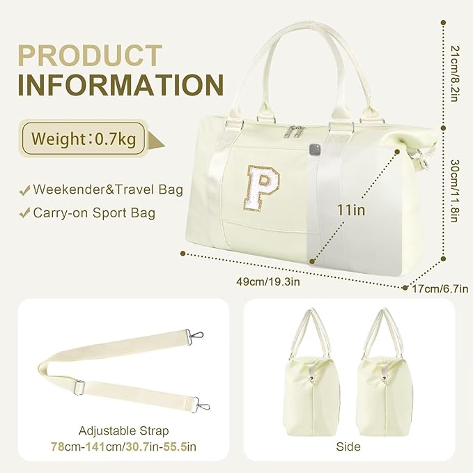 Dance Gym Duffel Bag for Teen Girls, Personalized Initial Travel Weekender Bag,Cute Overnight Carry On Duffle for Women,Sports Travel Cheer Bag,Monogram Christmas Gifts for Tween Preppy(beige-P)