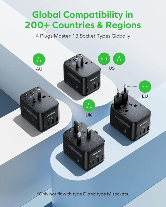 MOMAX Mini 7-in-1 Universal Travel Adapter, GaN 70W International Power Adapter, 2 AC, 3 USB-C PD Fast Charging & 2 USB-A QC, Travel Essentials for All European Travel Plug Adapter UK AUS JP