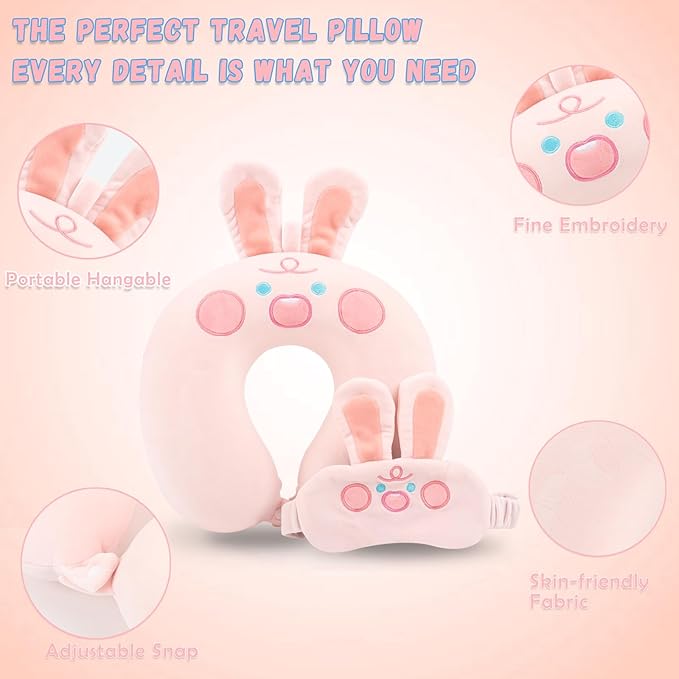 Travel Pillow, Kids Travel Pillow with Sleep Eye Mask Soft Memory Foam Kids Neck Pillow for Boys & Girls, Travel Accessories for Car Airplane Traveling - Screaming Rabbit
