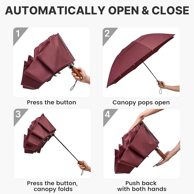 G4Free 54 Inch Inverted Windproof Umbrella with Wooden Handle, Large Double Canopy Auto Open & Close Golf Umbrella, Portable & Durable Rain Umbrella, Fits Car & Backpack