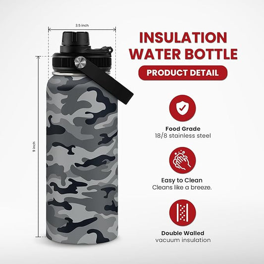 Camo Water Bottle - Camouflage Bottles 32oz Stainless Steel Insulated Sports Tumbler with Lid, Gifts for Men Veteran Hunting Lover Sport Outdoor Workout