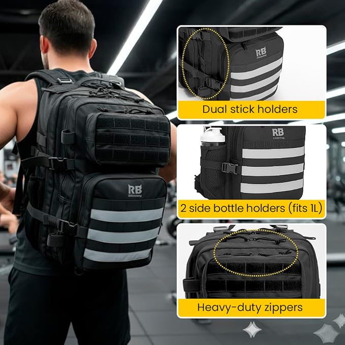 Xtreme 45L Tactical Backpack – Large Travel and Hiking Pack with 16 inch Laptop Sleeve, Stick Holder, Double Bottle Pockets, Recycled Fabric Shell, Rain Cover (Black)