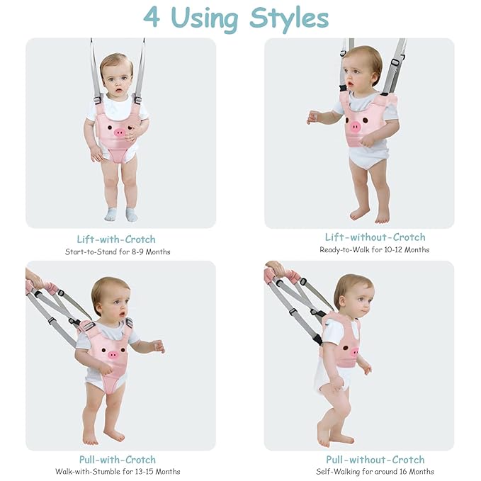 Baby Walking Harness Handheld Baby Walker Assistant Belt Adjustable Toddler Infant Walker Harnesses Standing Up Walking Learning Helper with Detachable Crotch for 9-24 Month (Pink Pig)