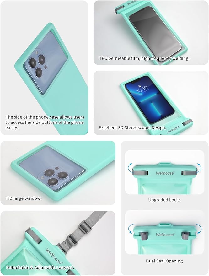 wellhouse Waterproof Phone Pouch, Waterproof Phone Case for iPhone 16 15 14 13 12 Pro Max XS Samsung, IPX8 3D Cellphone Dry Bag Beach Essentials (1 Pack - Crystal Green8.0, 8 inch)
