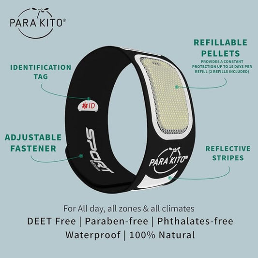PARA'KITO Mosquito Insect & Bug Repellent Wristband - Waterproof, Outdoor Pest Repeller Bracelet w/Natural Essential Oils - Sport Edition (Black)