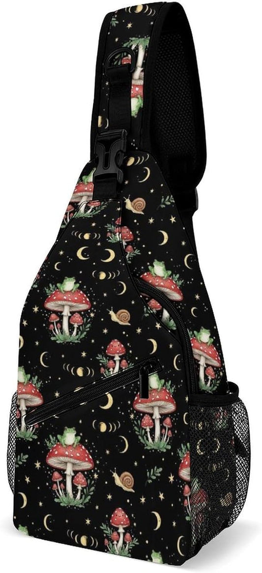 SWEET TANG Casual Sling Backpack for Women Chest Shoulder Crossbody Backpack, Gym Funny Sack, Satchel Travel Bag Outdoor Hiking Daypack Moon Frog Mushroom