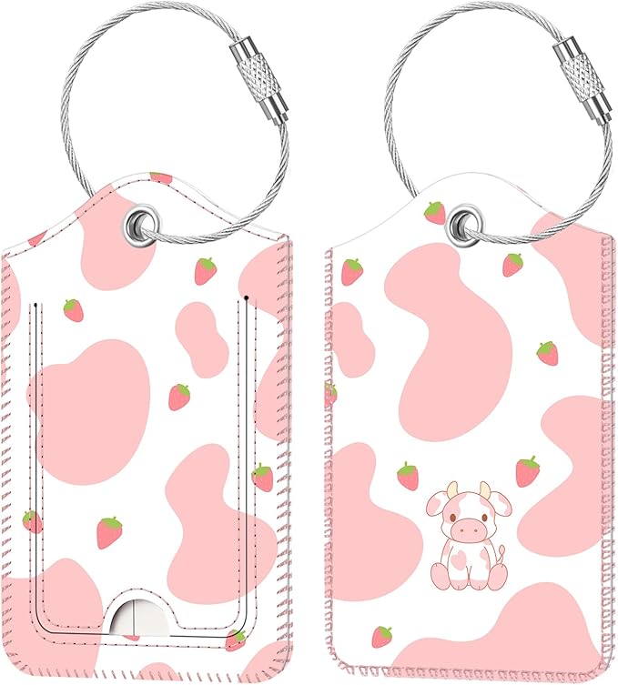 Fintie Luggage Tags, Privacy Cover ID Label with Stainless Steel Loop and Address Card for Travel Bag Suitcase - Strawberry Cow (2 Piece)