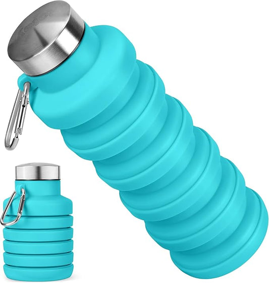 Collapsible Water Bottle, 16oz Portable Reusable Silicone Water Bottle, BPA-Free Leak-Proof Foldable Design with Carabiner, Lightweight Durable for Gym, Travel, Camping, Hiking, Sports-Blue