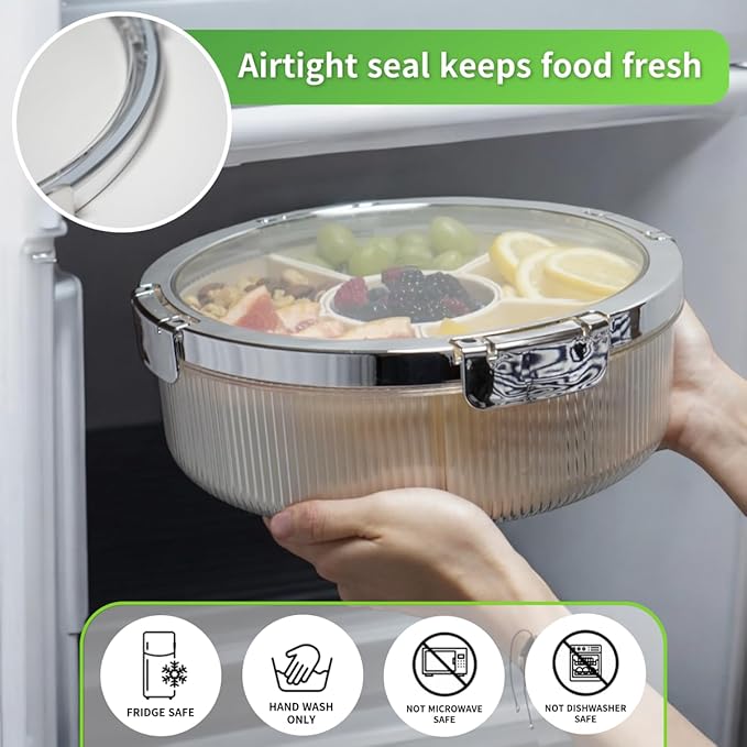 Snackle Box Container, Round Divided Serving Tray with lid 6parts for Veggie, Candy and Nuts Organizer for Travel, Party and Picnic (Cream/Silver)